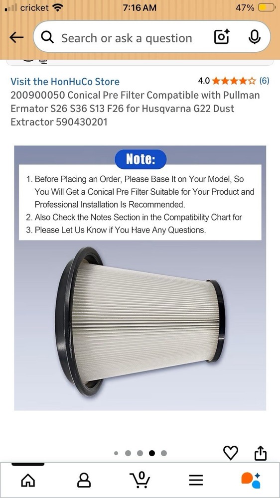 HonHuCo Conical Pre Filter For Dust Extract Pullman Ernator/ Husqvarna