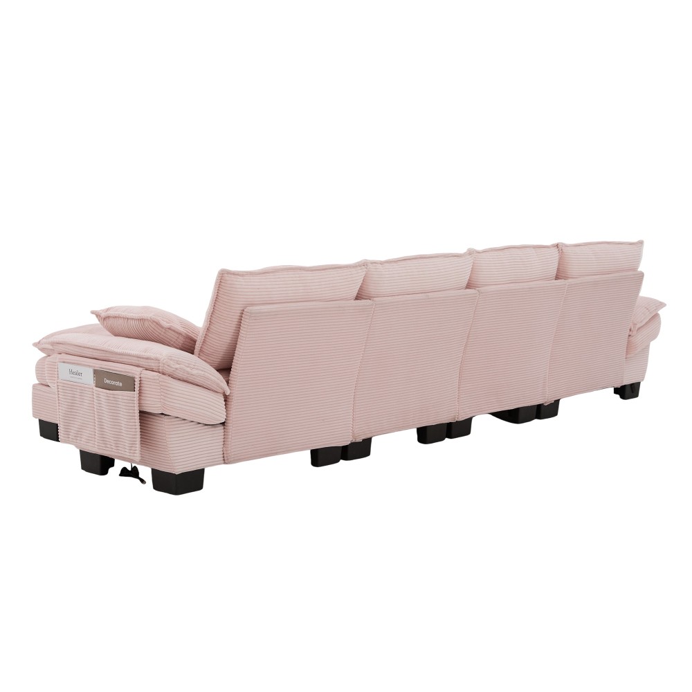 Pink Corduroy Modular Sectional Sofa, Cloud Couch w/ Storage & USB Ports