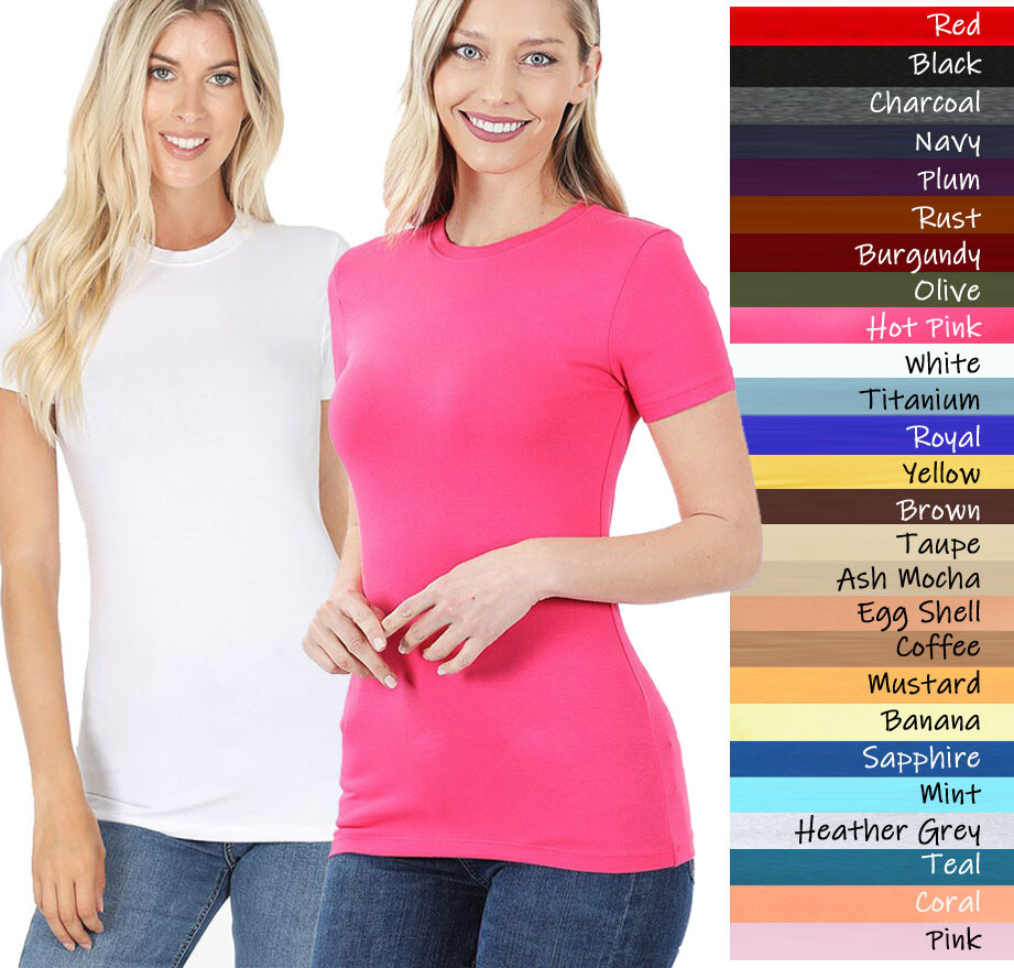 (Zenana) Crew Neck Short Sleeve T Shirt Basic Plain Solid Top Cotton (S-XL)