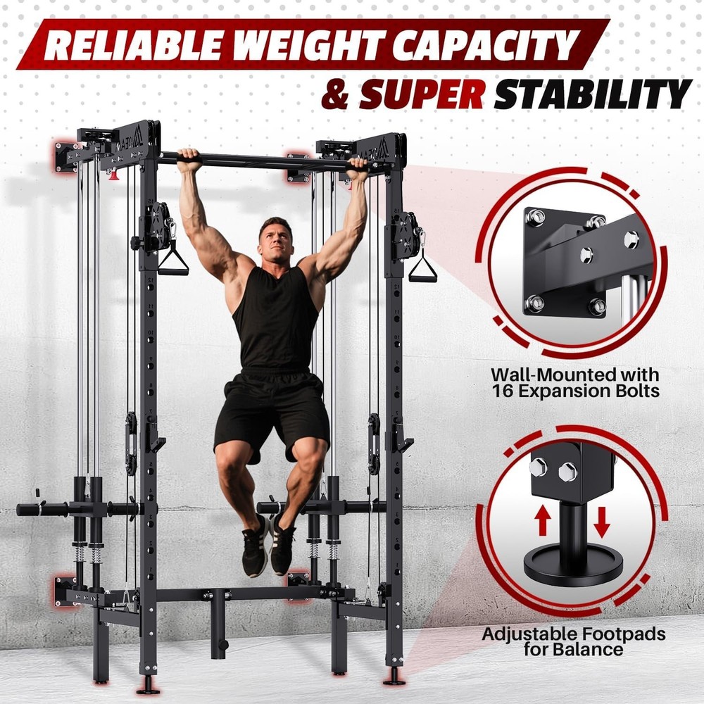 Folding Power Rack, Wall Mounted Squat Rack with Cable Crossover Machine & LA...