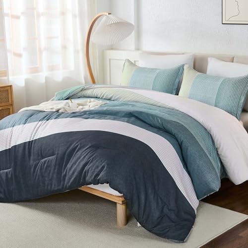 Comforter Set Size, Blue Striped Patchwork Comforter for Bed,3 King Dusty Blue