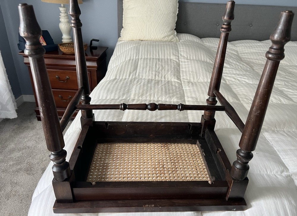 VTG Solid Walnut Vanity Bench Piano Stool Cane Bottom Turned Legs