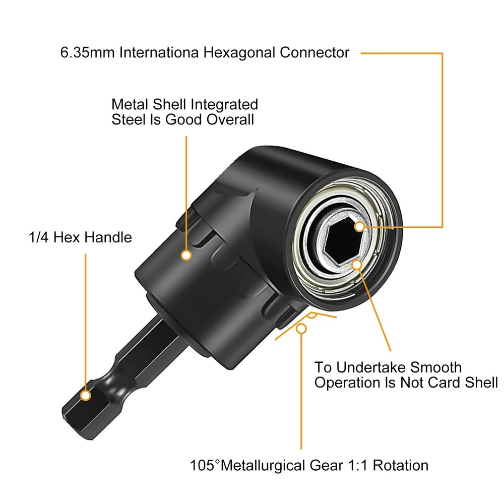 105 Degree Right Angle Drill Bit + 1/4" 3/8" 1/2" Hex Shank Socket Adapter Set