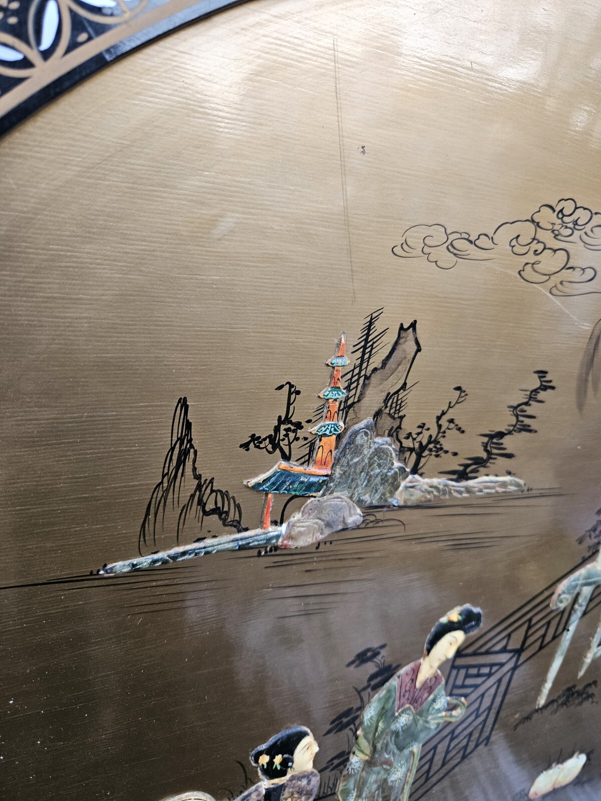 Black Lacquer Rainbow Mother Of Pearl Art Piece 30" Round - Asian