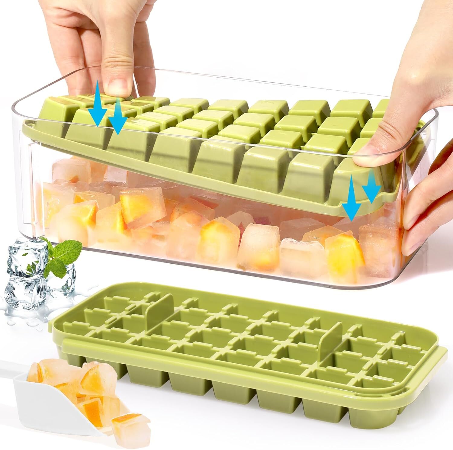 Ice Cube Tray with Lid and Bin & 2 Pack Ice Cube Trays for Freezer 64x Ice Trays