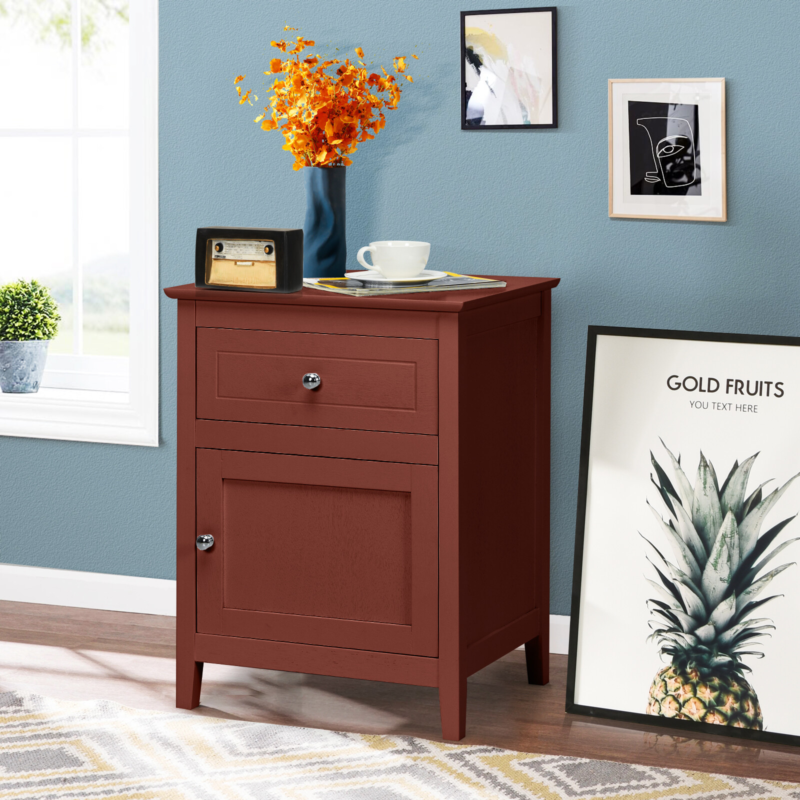 Costway Nightstand with Drawer Accent Side End Table Storage Cabinet Cherry