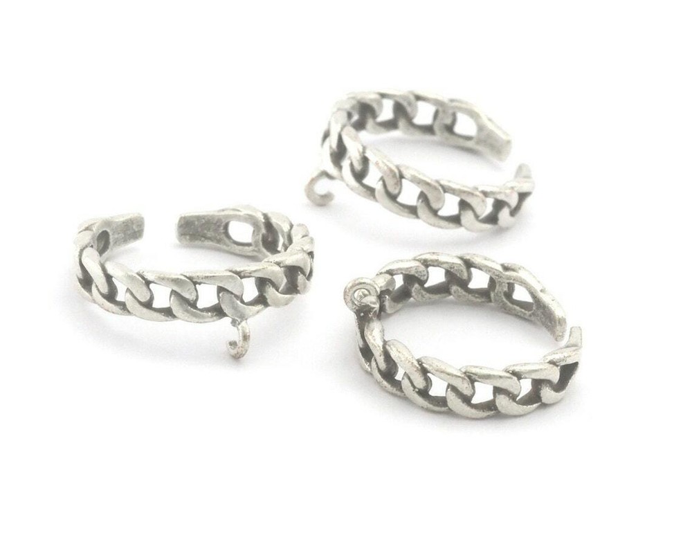 Chain  Adjustable Ring with loop - Antique silver plated brass (5 - 8 US 4303