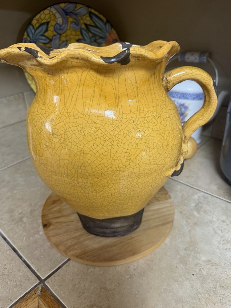 Large Ceramic Mustard and Brown Glazed Decorative Pitcher
