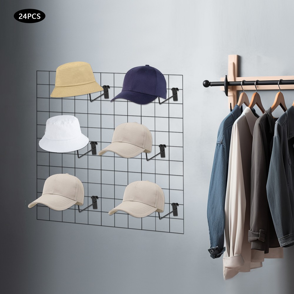 24Pcs Hat Rack Organizer Baseball Holder Gridwall Hooks Stand Wall Hat Hanger