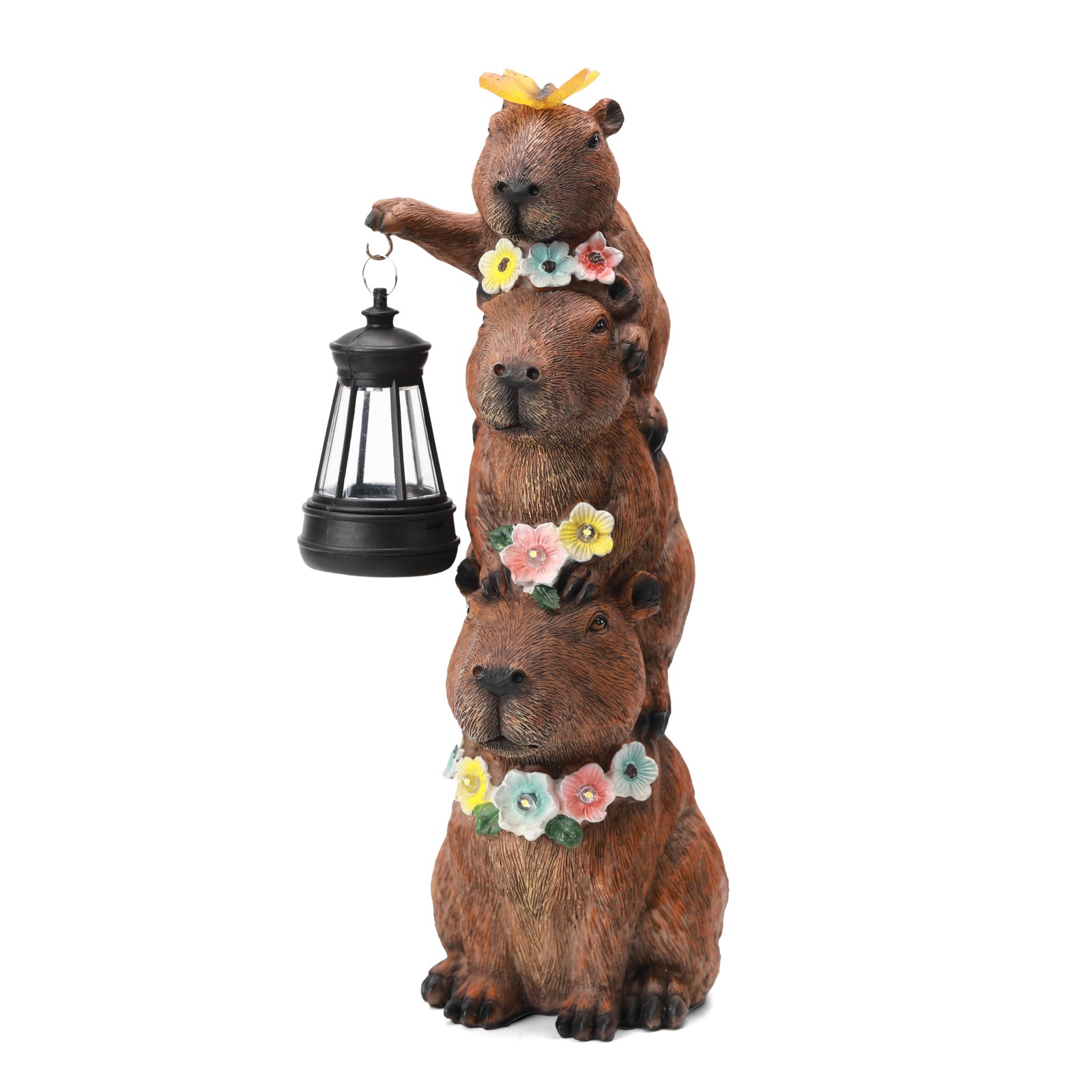 Solar-Powered Capybara Statue with LED Lights & Flowers - Outdoor Decor