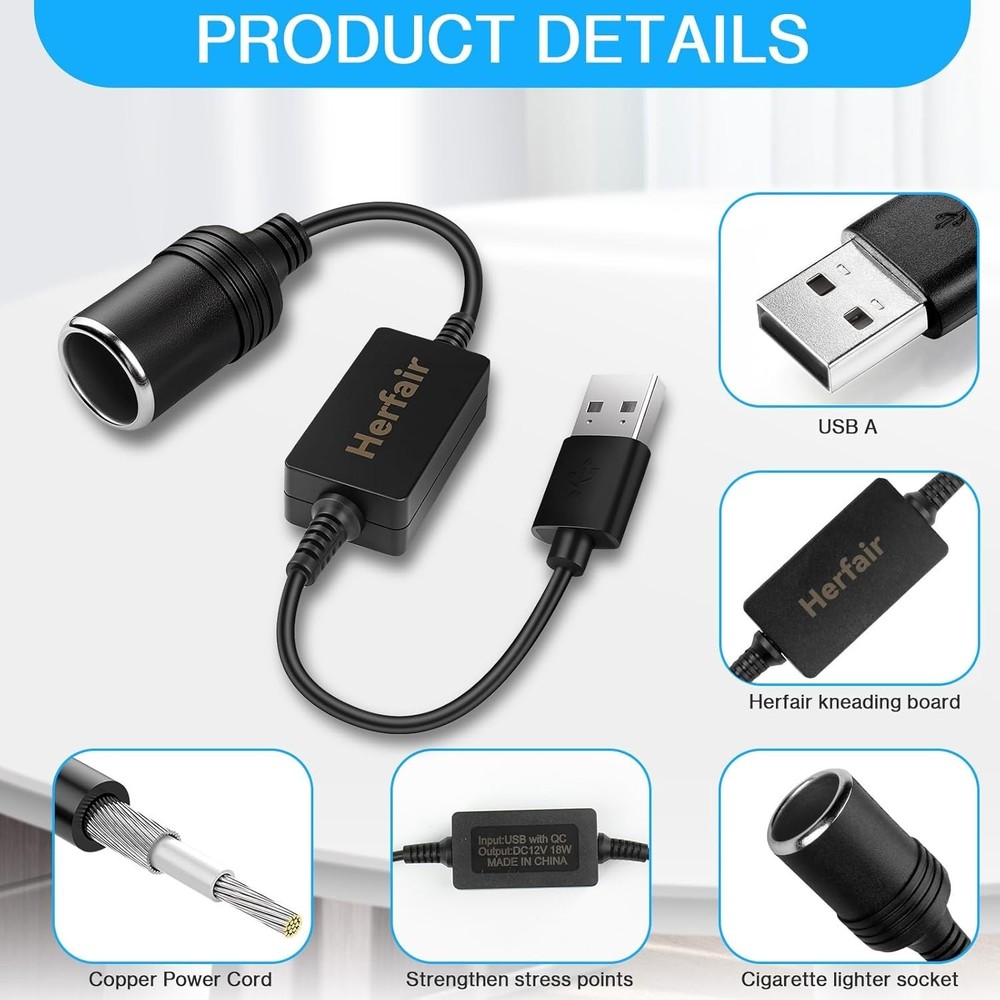 Durable USB A to 12V Lighter Socket Adapter - Fast Charging for Car Electronics