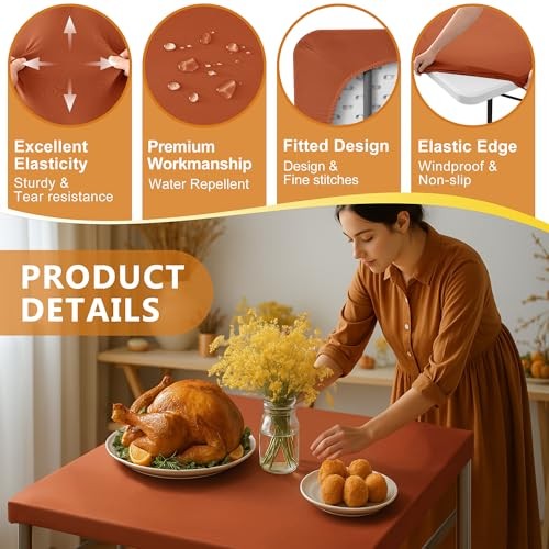 Fitted Square Tablecloth 36x36 Inch-2 Pack Rust Card Elastic Spandex Table