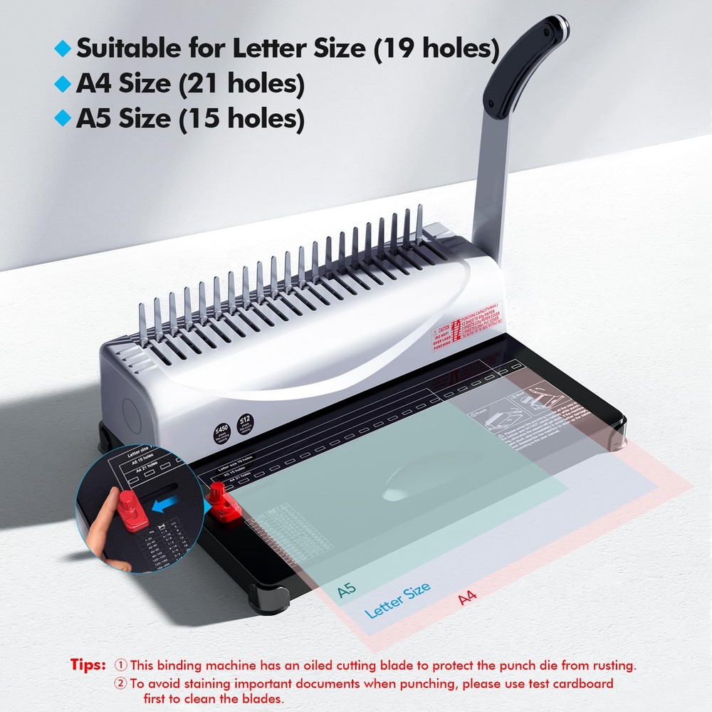 MAKEASY Binding Machine, 21-Hole, 450 Sheets, Comb Machines Silver
