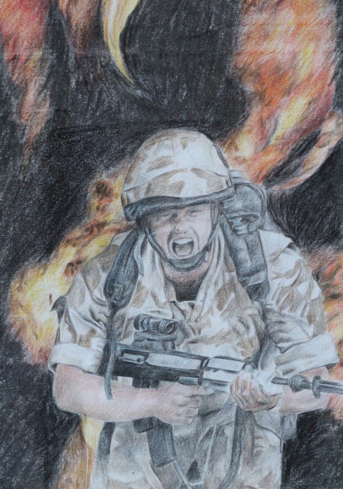 War Original Colouring Pencil Drawing On Paper A3