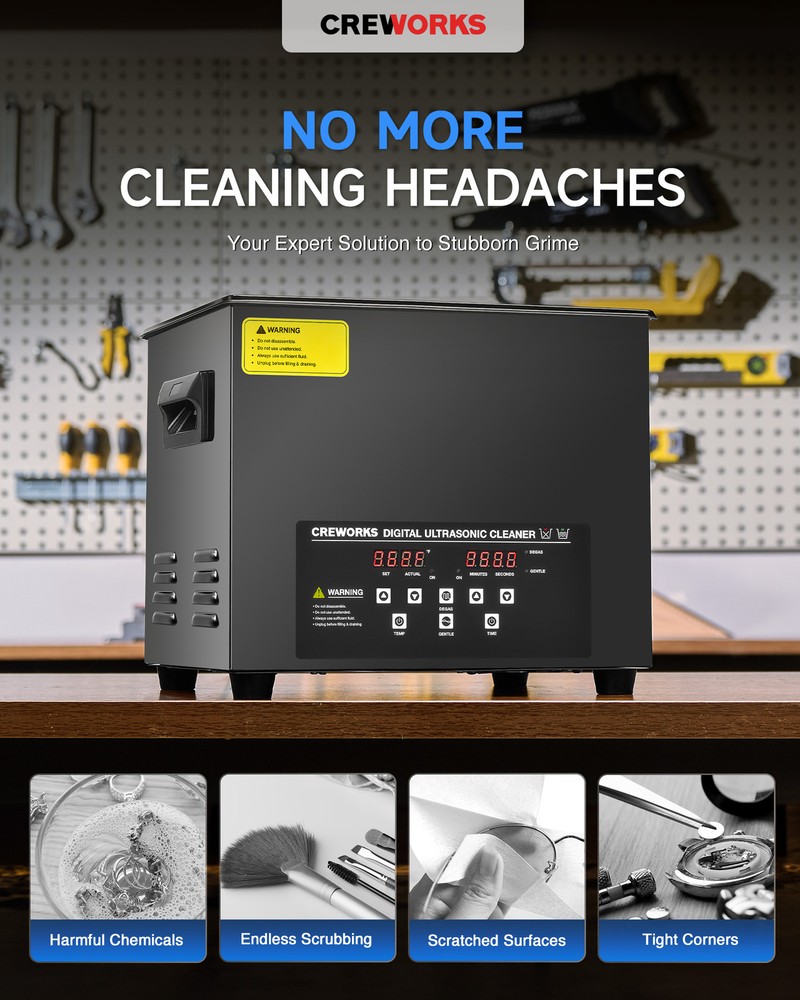 CREWORKS 10L Digital Sonic Cleaner with Control Panel 600W Heater & Degas Mode