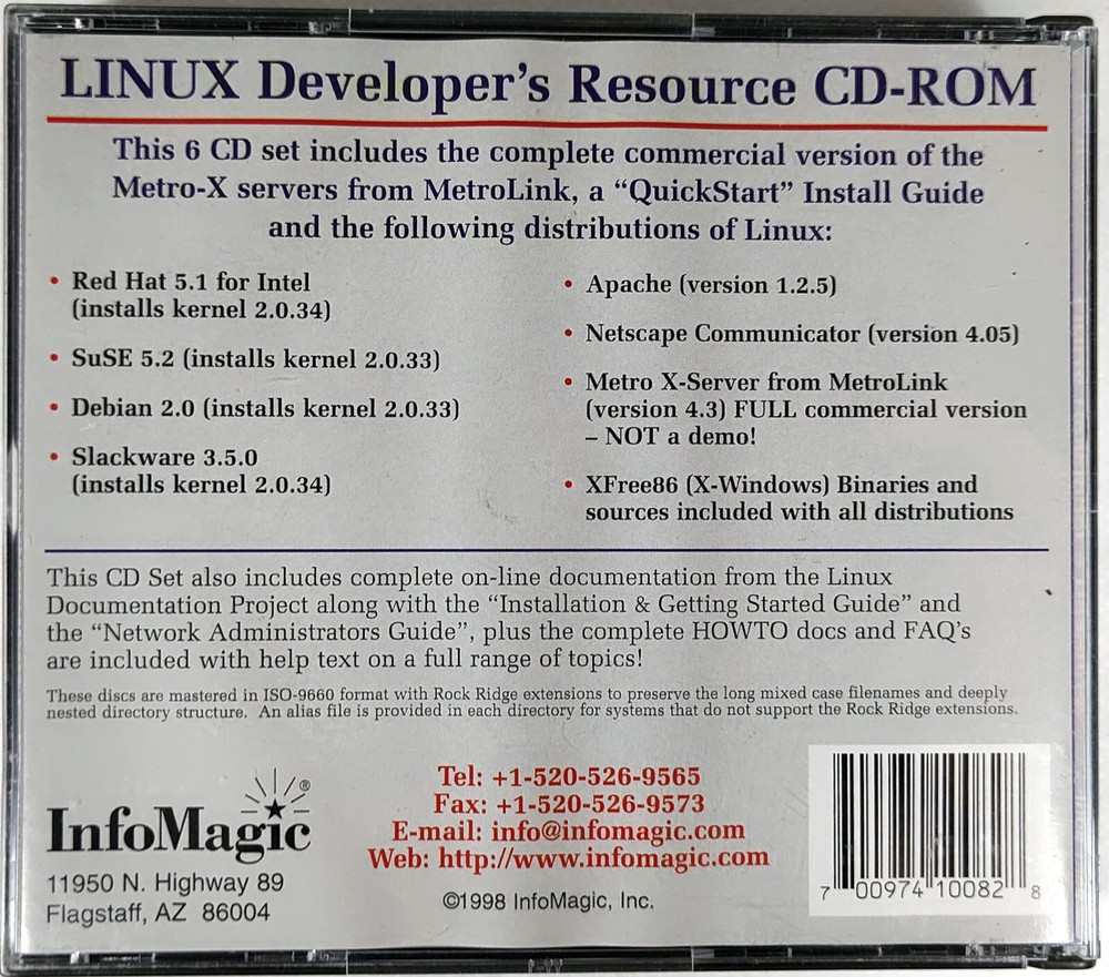 InfoMagic Linux Developer's Resource 6 CD-ROMs Motorcycle Jun 1998 Good climagic