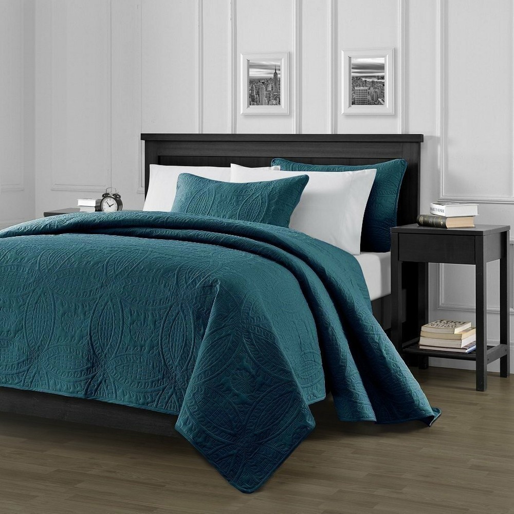Queen King Solid Teal Blue Embossed Oversized 3 pc Quilt Set Coverlet Bedding