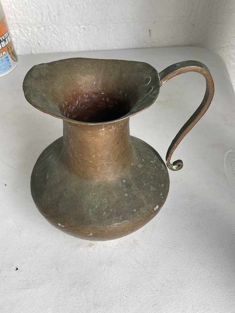 Antique Hammered Copper Pitcher with Scrolled Handle