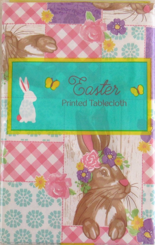 Easter Bunny Floral Patchwork Vinyl Flannel Back Tablecloth Var Size