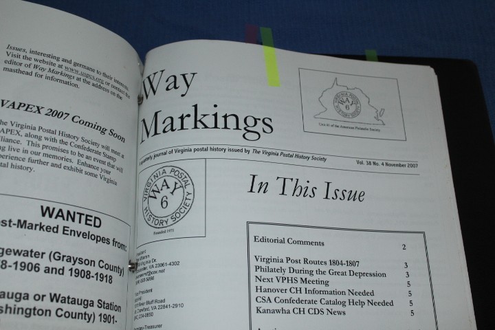 Way Markings Virginia Postal History Journal 4" binder 1984 2009 BlueLakeStamps