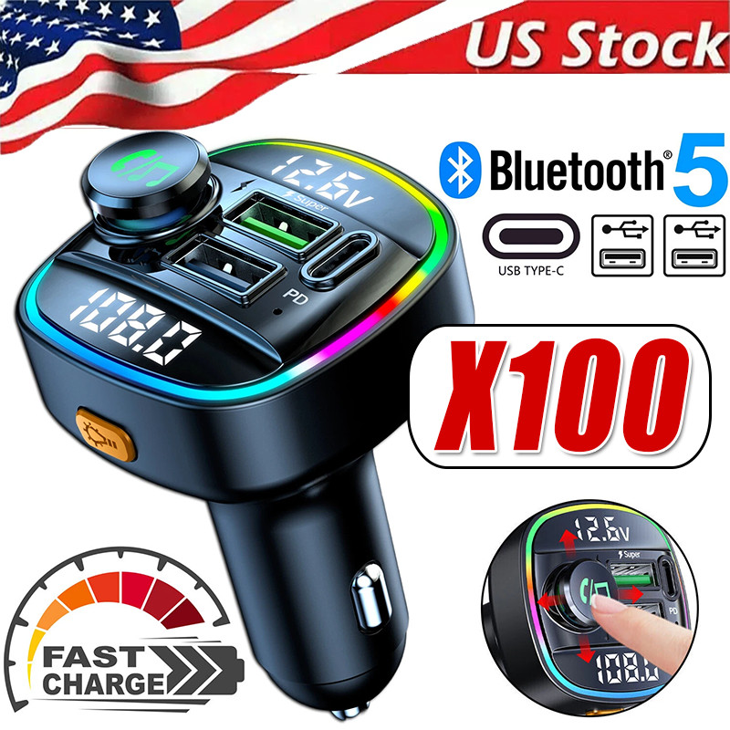 Bluetooth 5.0 Car Wireless FM Transmitter Adapter USB PD Charger AUX Hands LOT