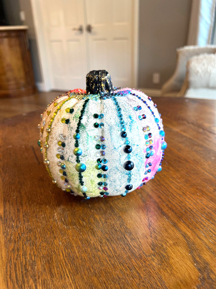 Rainbow Rhinestone Pattern White Craft Pumpkin with Rhinestones and Pearls