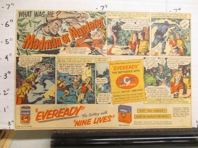 newspaper ad NYSN 1951 EVEREADY battery comic MADMAN MURDERER John Oliver Klovis