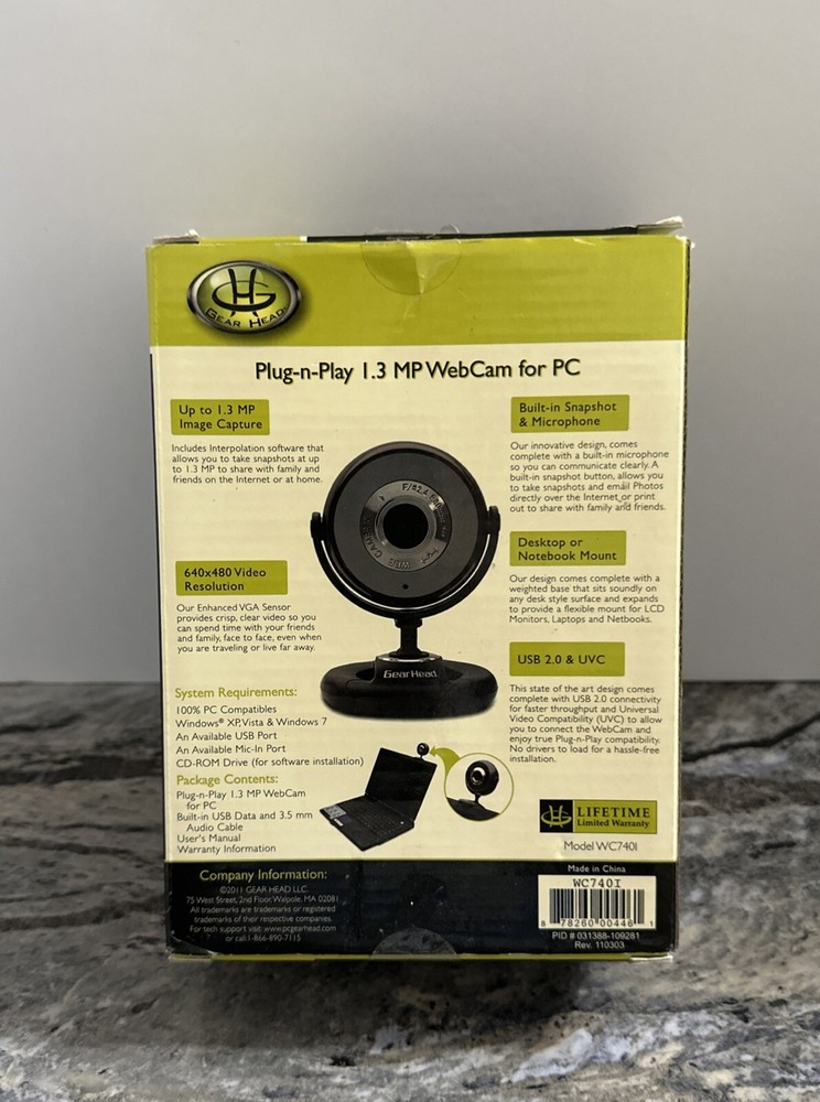 Gear Head USB 2.0 Quick 1.3 MP Web Cam, Built In Snapshot & Microphone PC