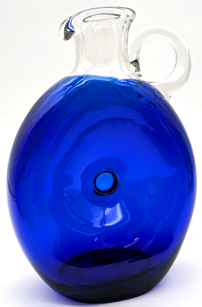 Hand Blown Art Glass Cobalt Blue Pinched Pitcher Applied Handle