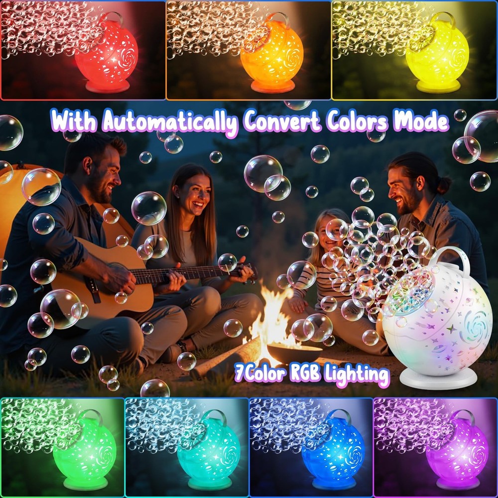 Bubble Machine with Remote Control, 360° Automatic Rotation & 7 RGB Lights