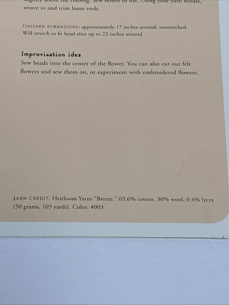 Flower Hat Knitting Pattern Card