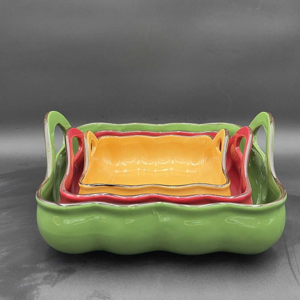 LTD Commodities 3- Piece Scalloped Ceramic Nesting Bakeware Set-Red,Green&Yellow