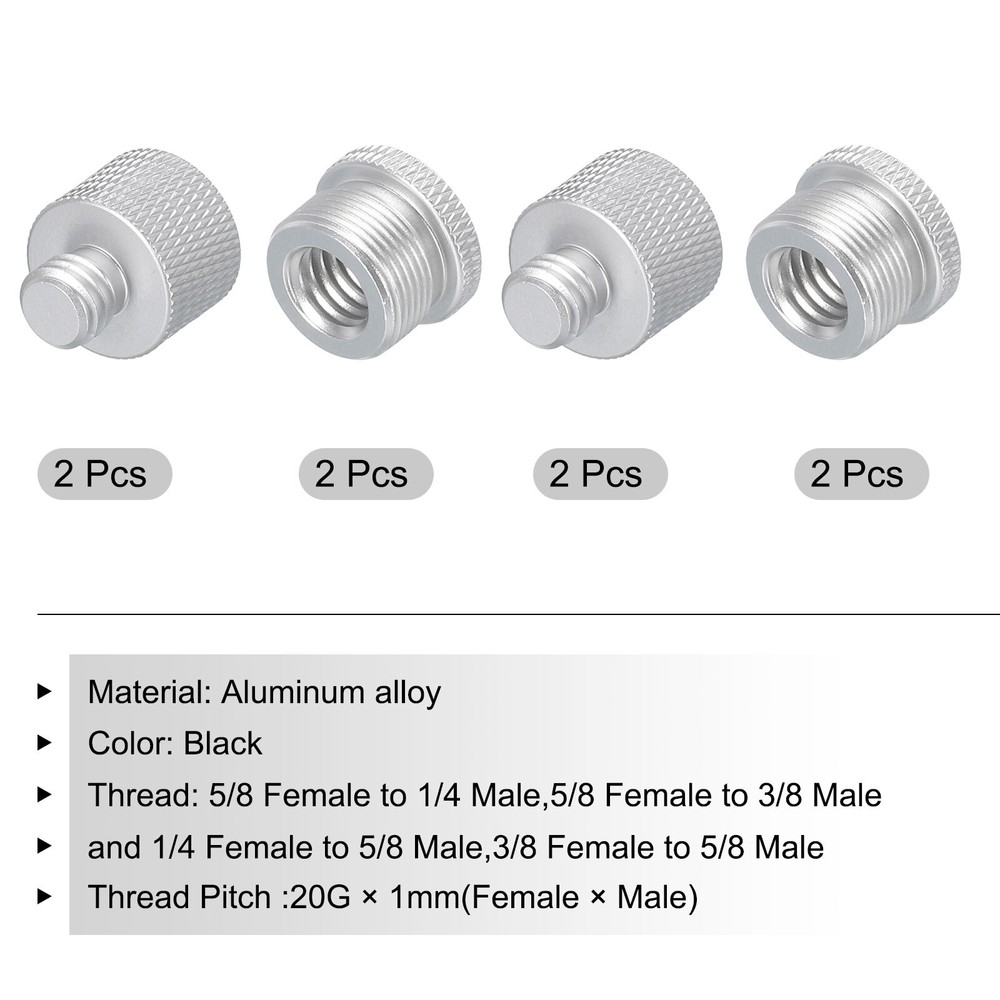 8Pcs Mic Stand Adapter 1/4 3/8 5/8 Thread Screw Thread Adapter Silver