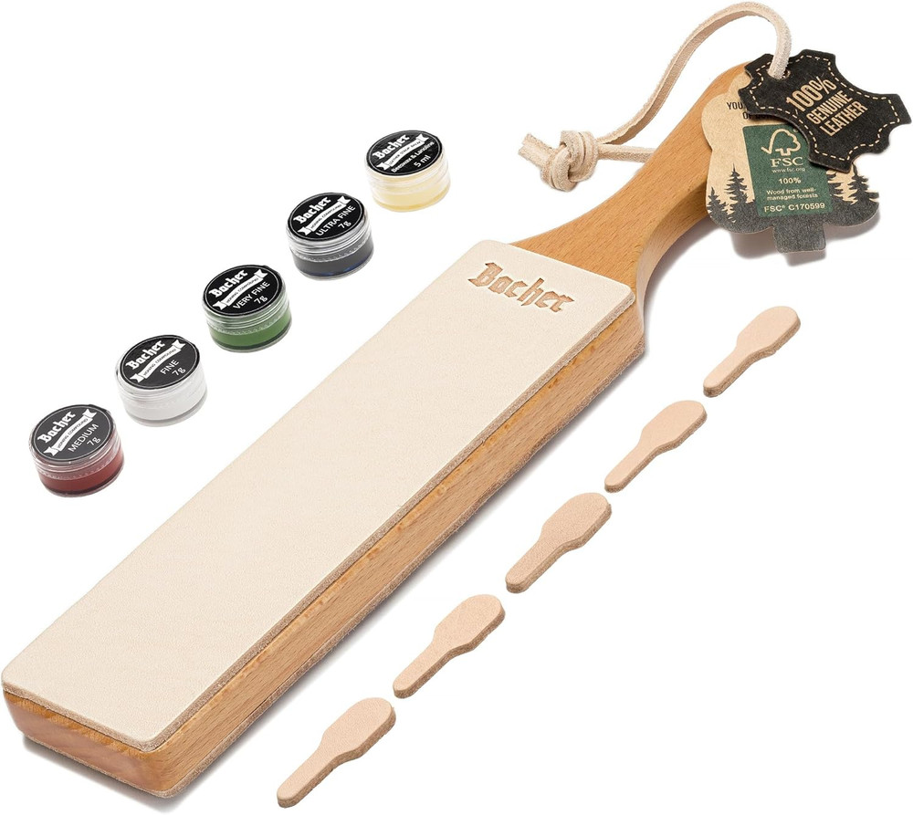 Bacher Premium Leather Strop for Knife Sharpening with Polishing Compound - Doub