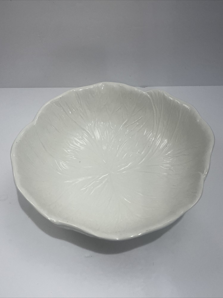 White Cabbage Leaf Ceramic Serving Bowl Hand Painted 12” D