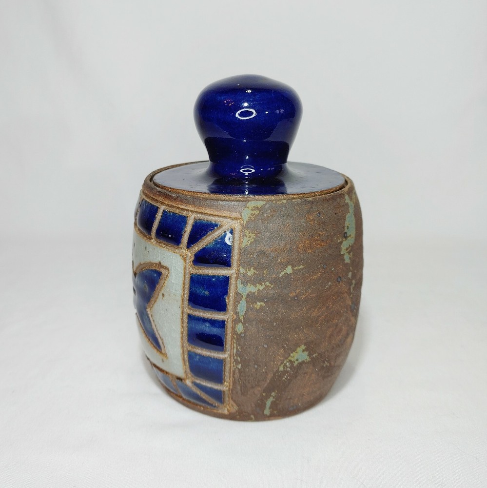 Art Pottery Lidded Jar Decor Piece Partially Glazed Fish Signed
