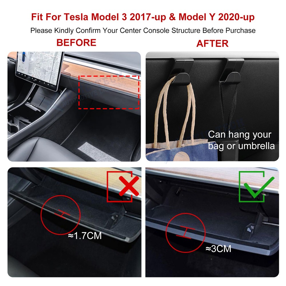 Fit Tesla Model 3/Y ABS Console Hidden Armrest Extra Storage Box & Hanger Hook