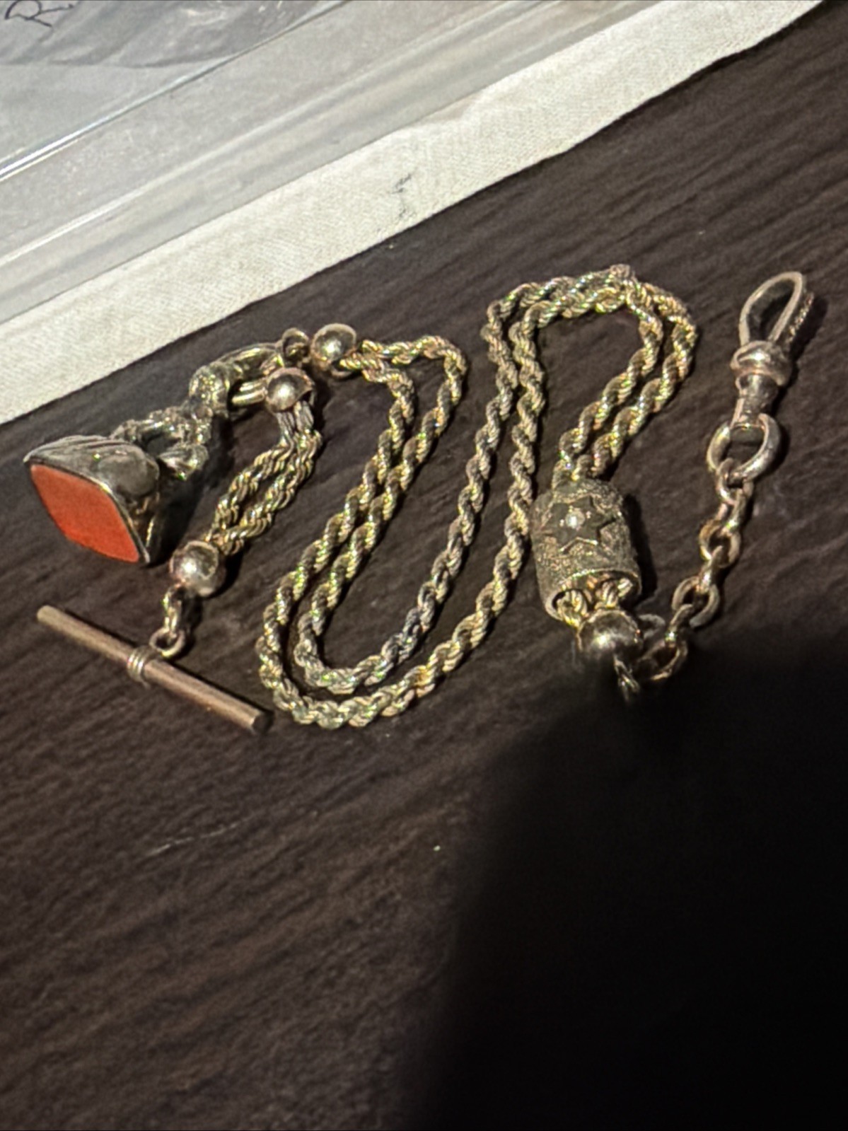 Victorian RFS Gold Tone Rope Link Watch Slider Chain Old Carnelian Fob 14k Tbar