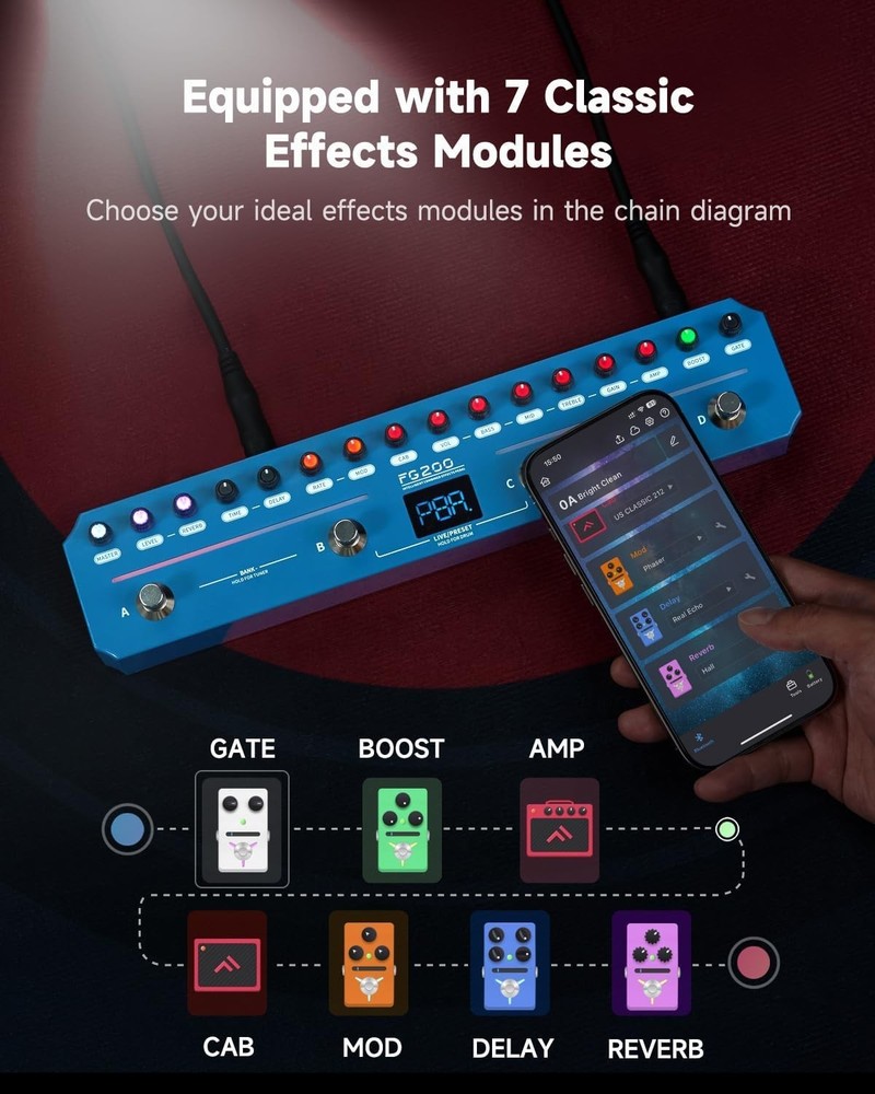 Creative Guitar Effects Processor with 7 Modules & Built-in Drum Machine - Blue