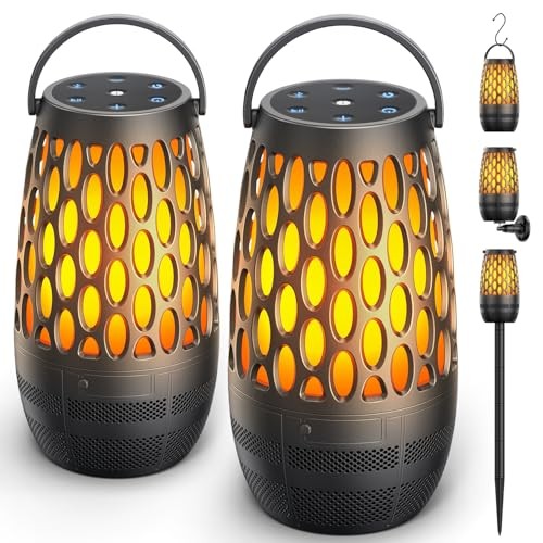 Outdoor Speakers Bluetooth Waterproof IPX6 with Flame Lights, Gadget 2 Pack