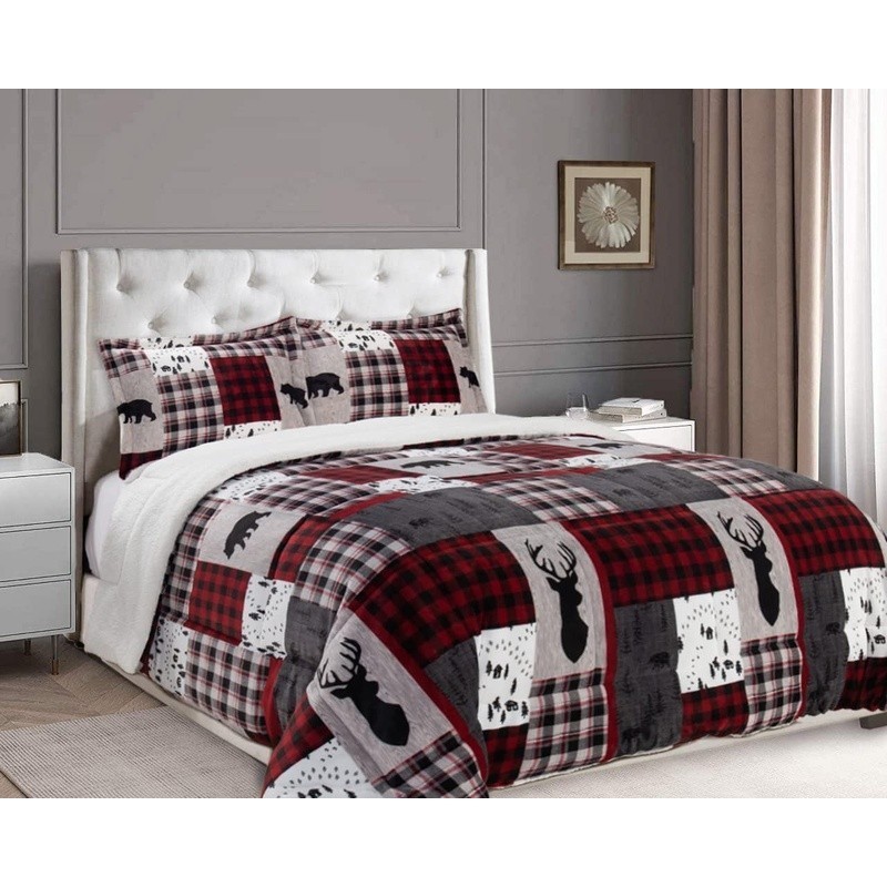 King Sherpa Comforter Set Microfiber Patchwork Ultra Plush Cozy Bedding Gift New