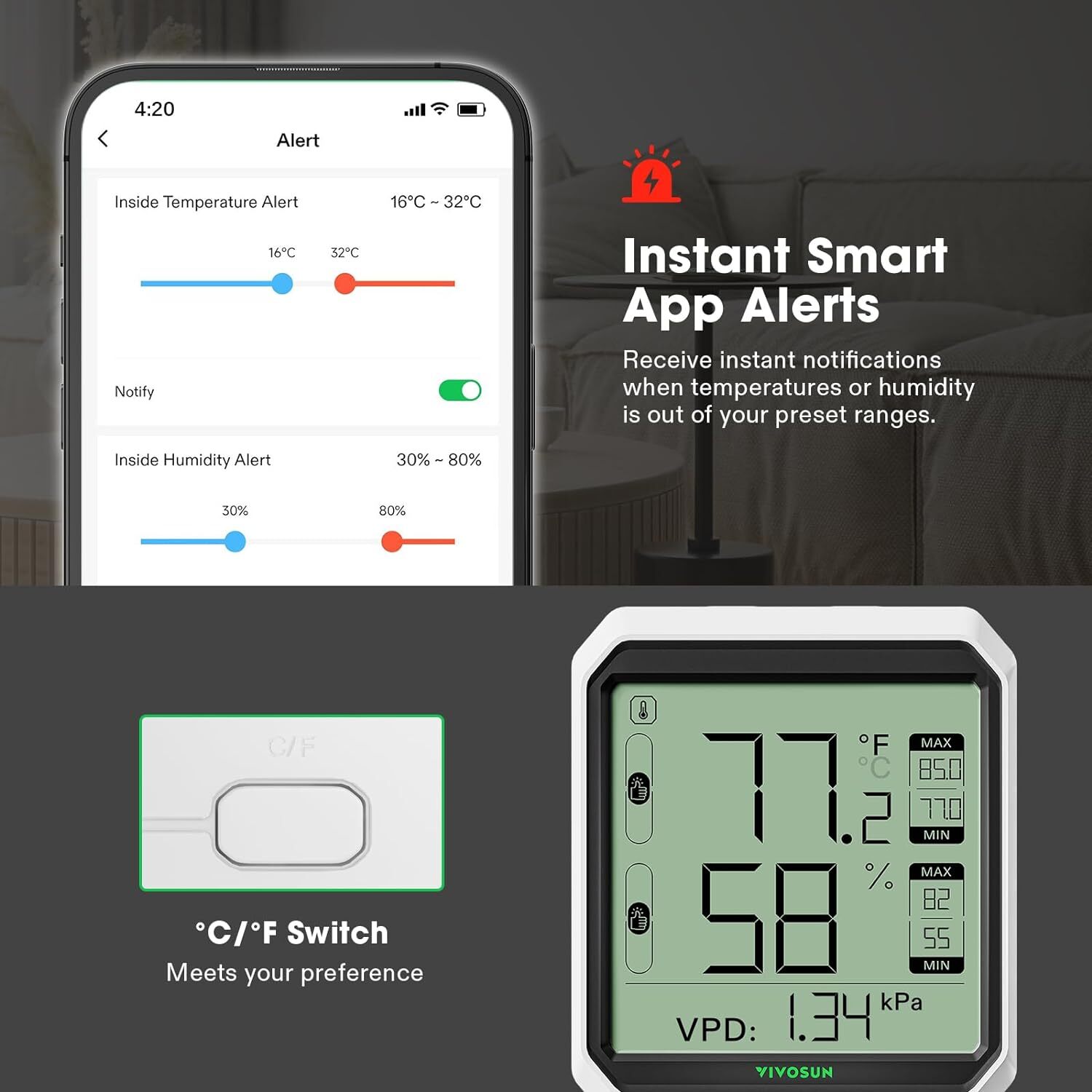 VIVOSUN Bluetooth Hygrometer Thermometer Indoor,Temperature Humidity Meter Alarm