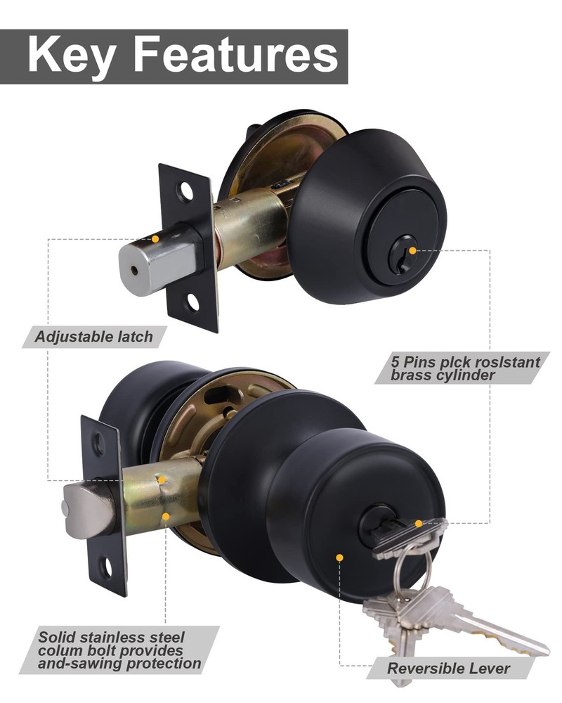 Lanwandeng Keyed Alike Entry 1 Pack, Black Deadbolt Lockset-Keyed