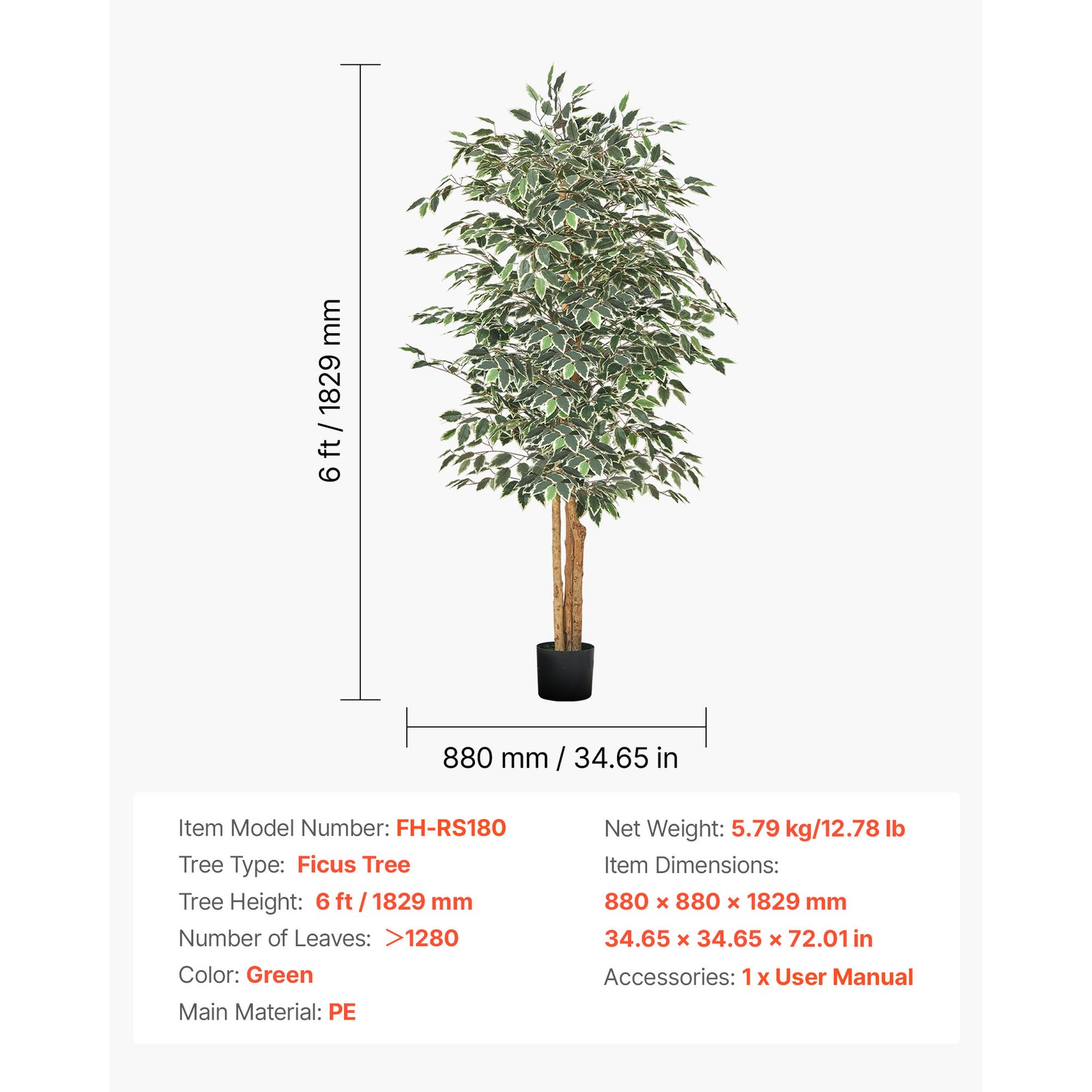 Uimoso 6FT Artificial Ficus Tree Tall Faux Plant with Black Pot Indoor Decor