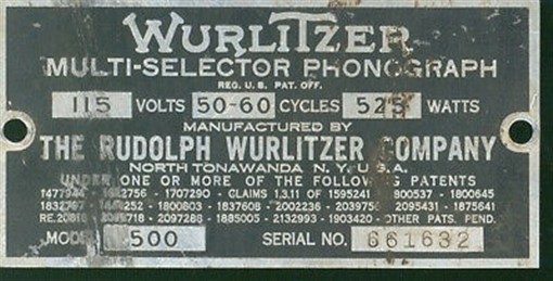 1938 Wurlitzer 500 # 661632 serial number identification plate or tag