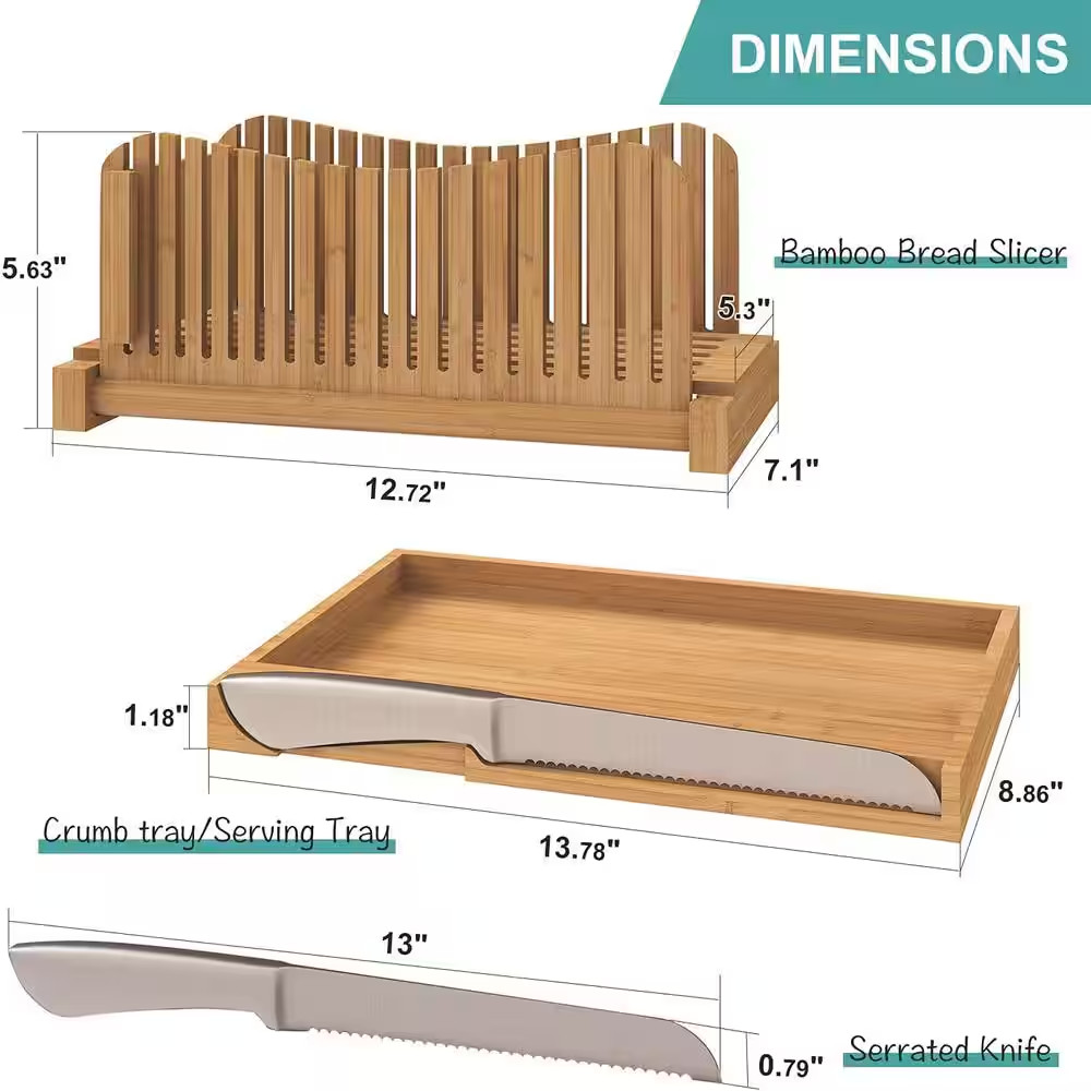 Adjustable Bamboo Bread Slicer Set with Serrated Knife, 3 Slice Thicknesses, Fol
