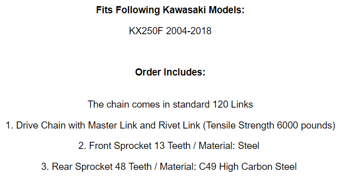 Black Drive Chain And Sprocket Kit for Kawasaki KX250F 2006 2007 2008 2009-2018