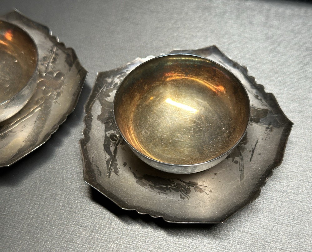 Antique Japanese Solid Silver Sake Cups and Saucers