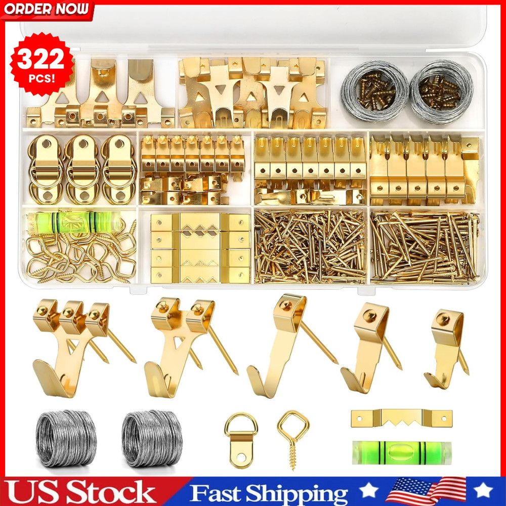 322PCS Picture Hanging Kit Heavy Duty Hooks Nails Wire Frame Hardware Set