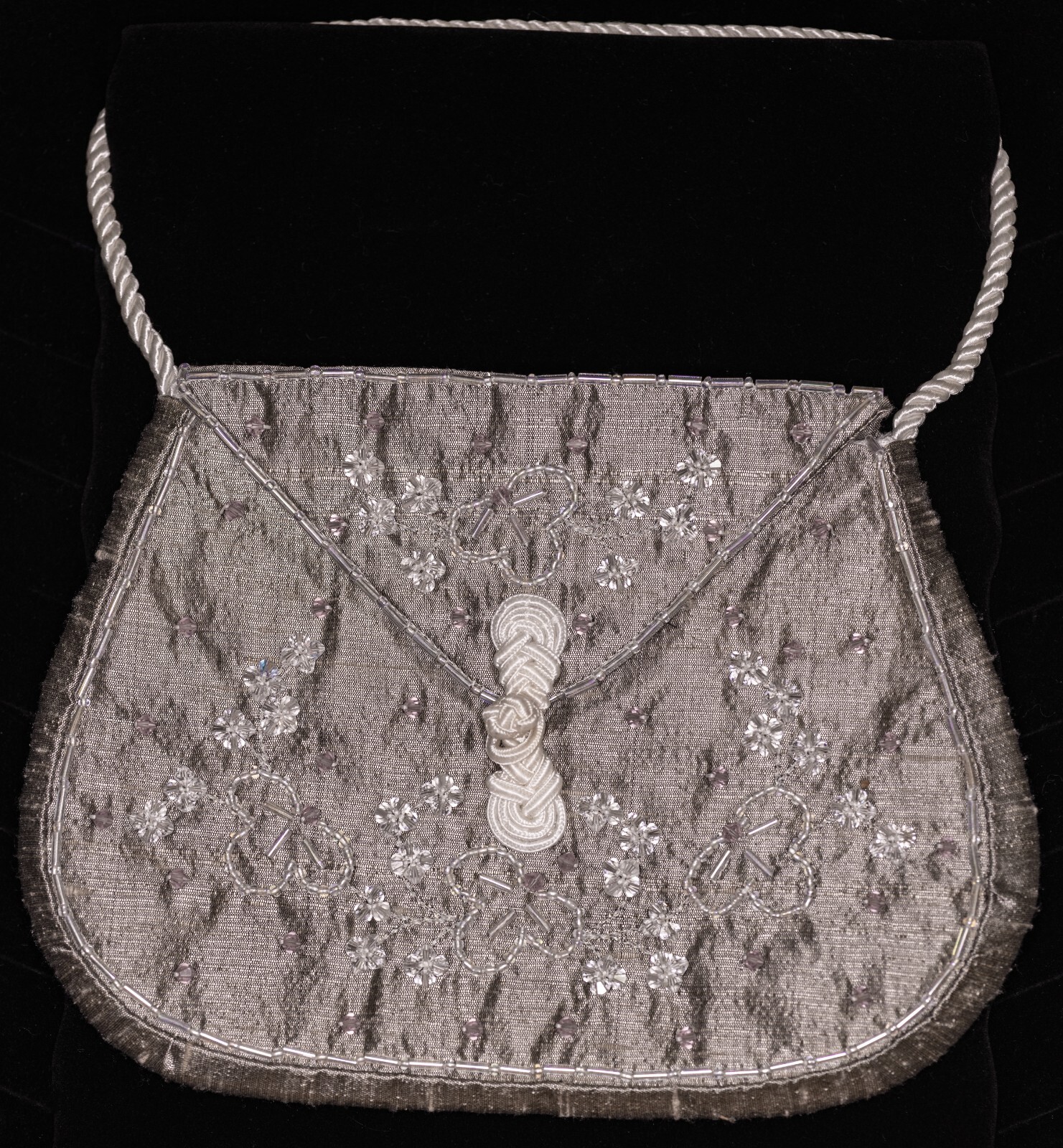 Godey’s 1861 Hand-Beaded Swarovski Reproduction Reticule-Gray Real Silk-New